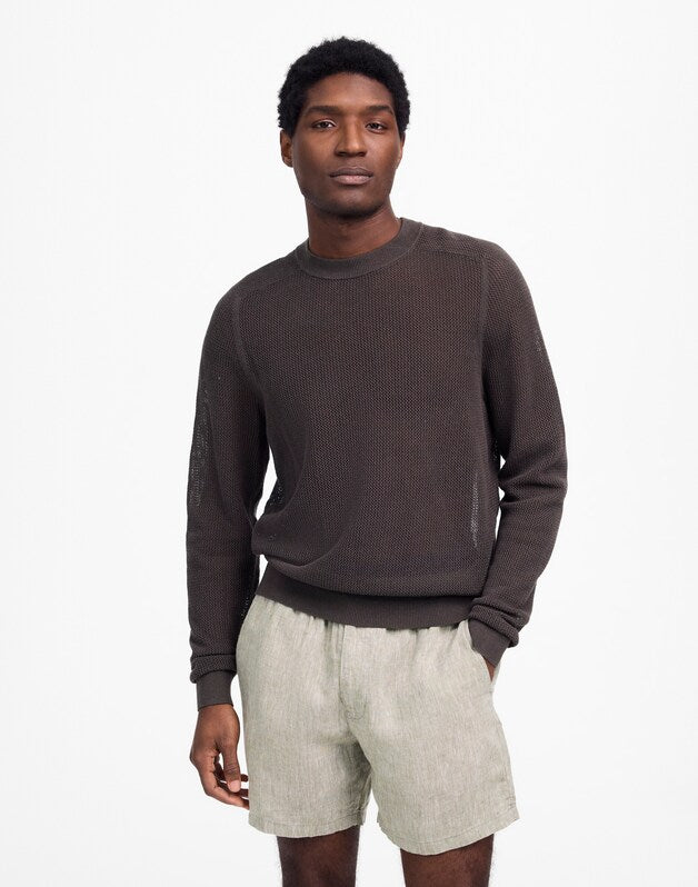 Mesh-Knit Crewneck Sweater in Lightweight Cotton-Linen Blend SOFT CHARCOAL