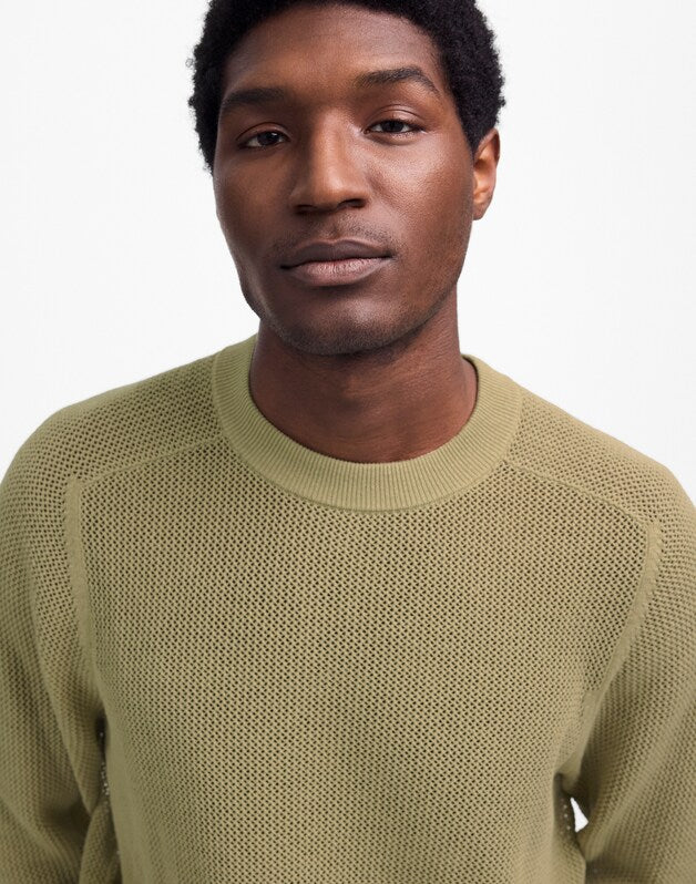 Mesh-Knit Crewneck Sweater in Lightweight Cotton-Linen Blend LIGHT CARGO