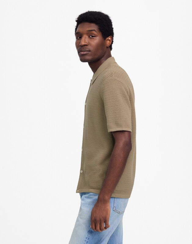 Open-Stitch Button-Up Sweater Polo SAGEBRUSH