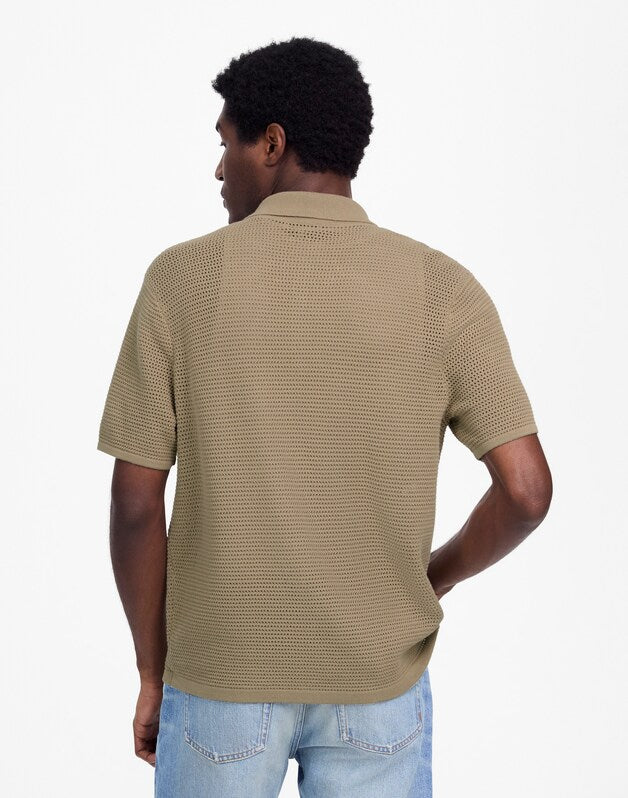 Open-Stitch Button-Up Sweater Polo SAGEBRUSH