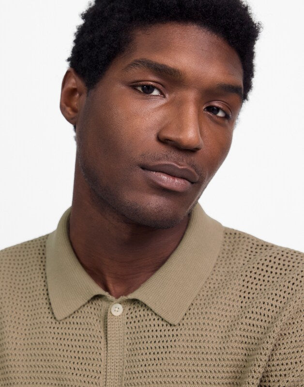 Open-Stitch Button-Up Sweater Polo SAGEBRUSH