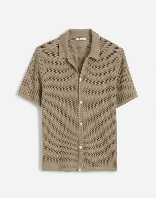Open-Stitch Button-Up Sweater Polo SAGEBRUSH