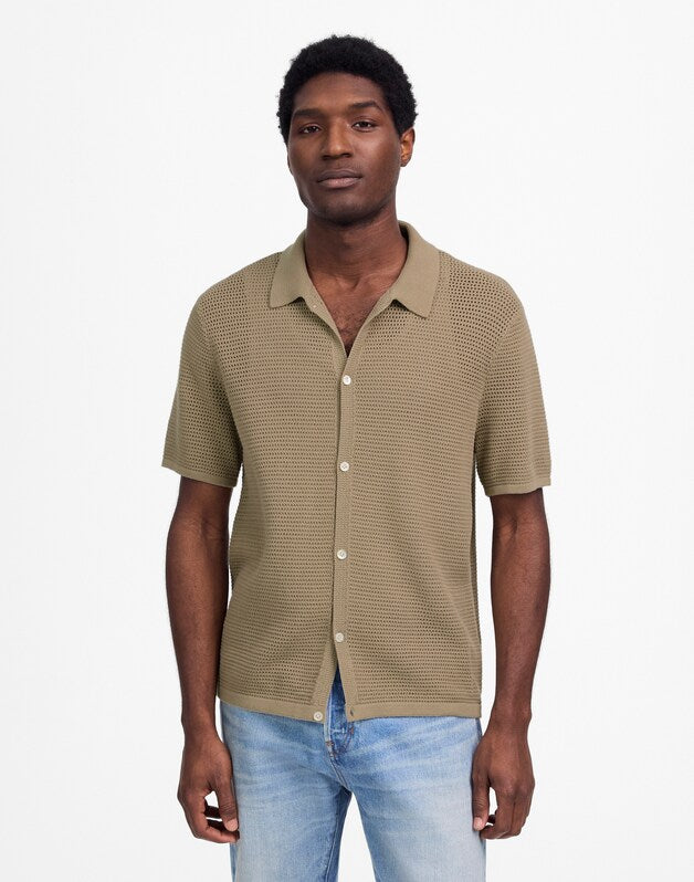Open-Stitch Button-Up Sweater Polo SAGEBRUSH