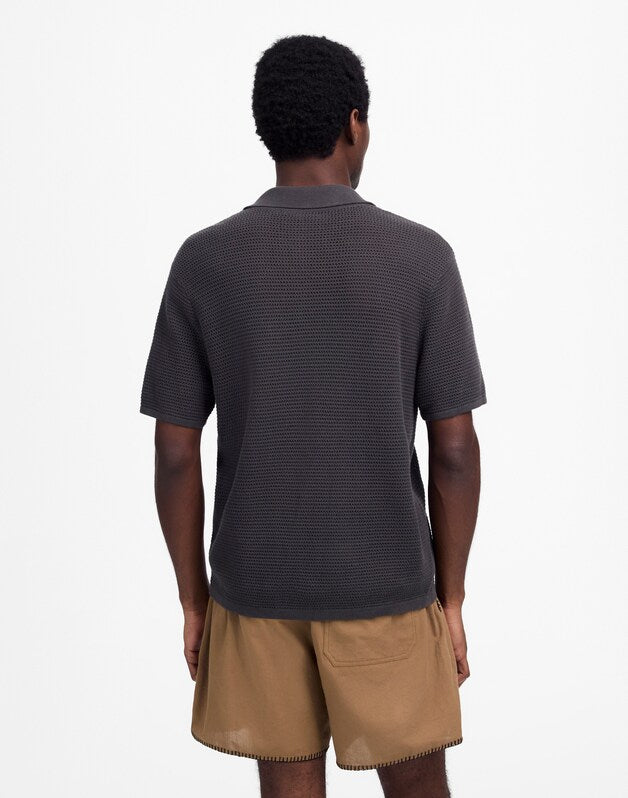 Open-Stitch Button-Up Sweater Polo SOFT CHARCOAL
