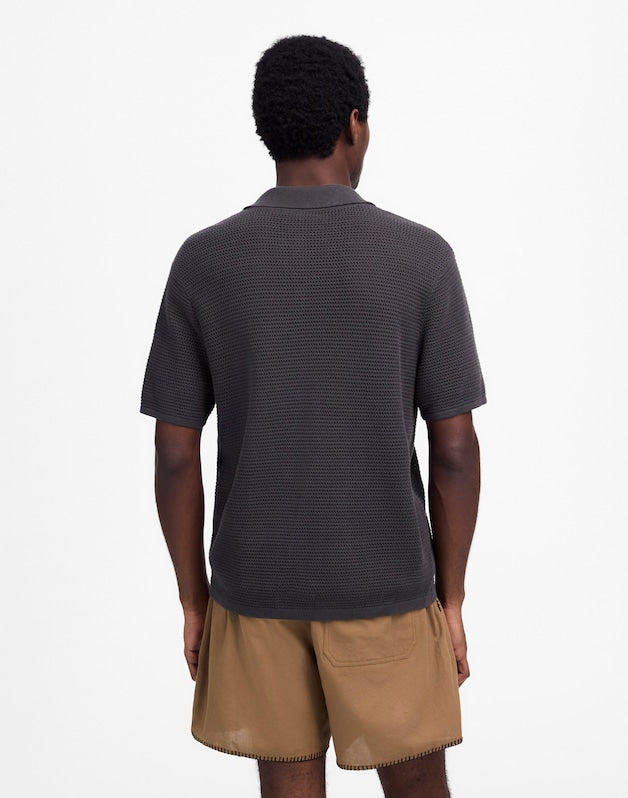 Open-Stitch Button-Up Sweater Polo SOFT CHARCOAL