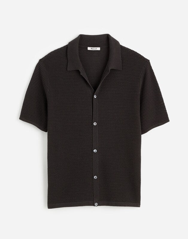 Open-Stitch Button-Up Sweater Polo SOFT CHARCOAL