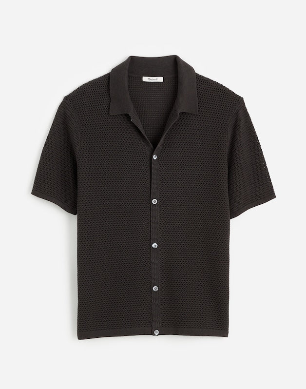 Open-Stitch Button-Up Sweater Polo SOFT CHARCOAL