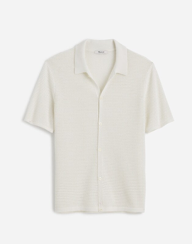 Open-Stitch Button-Up Sweater Polo SOFT WHITE