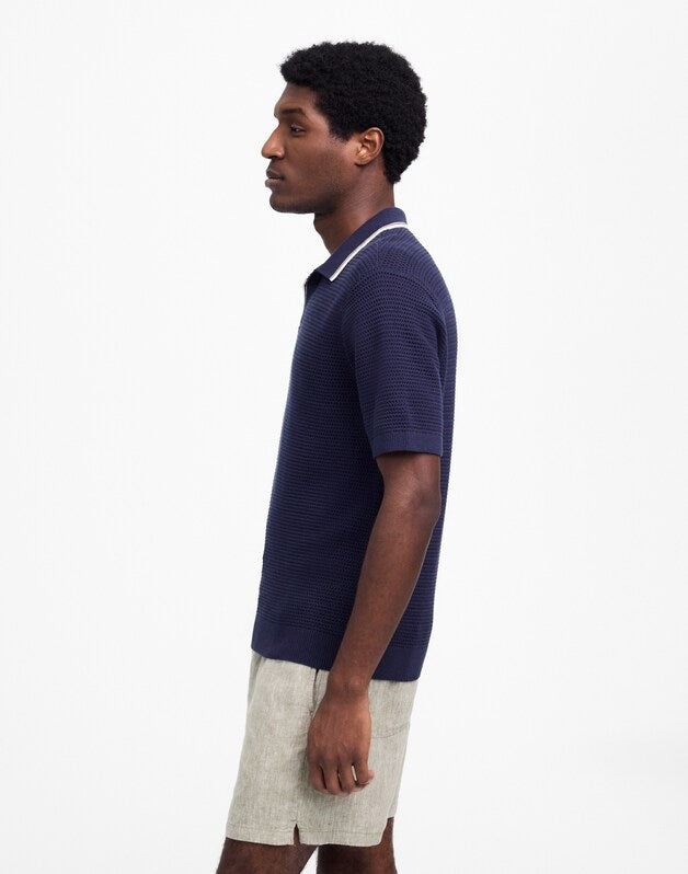 Contrast-Stitch Johnny-Collar Sweater Polo INK