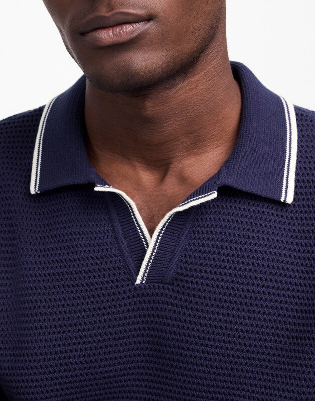 Contrast-Stitch Johnny-Collar Sweater Polo INK