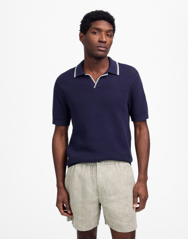 Contrast-Stitch Johnny-Collar Sweater Polo INK