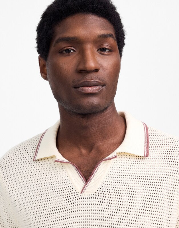 Contrast-Stitch Johnny-Collar Sweater Polo VINTAGE IVORY