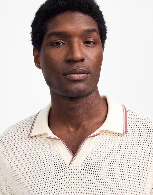 Contrast-Stitch Johnny-Collar Sweater Polo VINTAGE IVORY