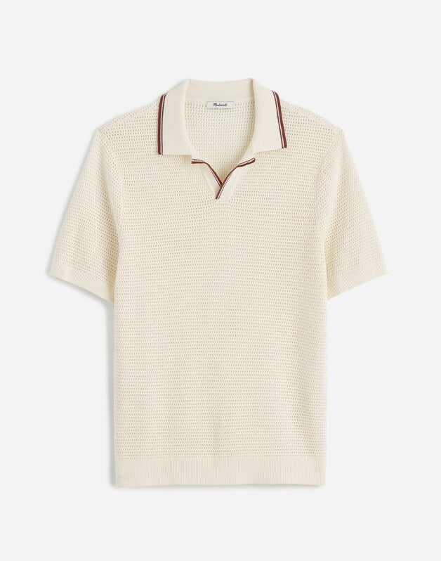 Contrast-Stitch Johnny-Collar Sweater Polo VINTAGE IVORY