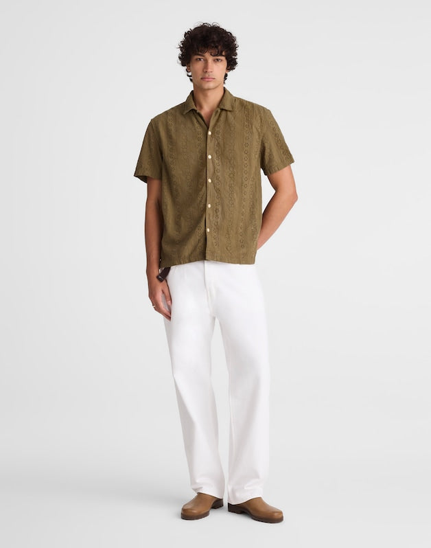 Camp-Collar Short-Sleeve Shirt in Embroidered Cotton CHATEAU OLIVE