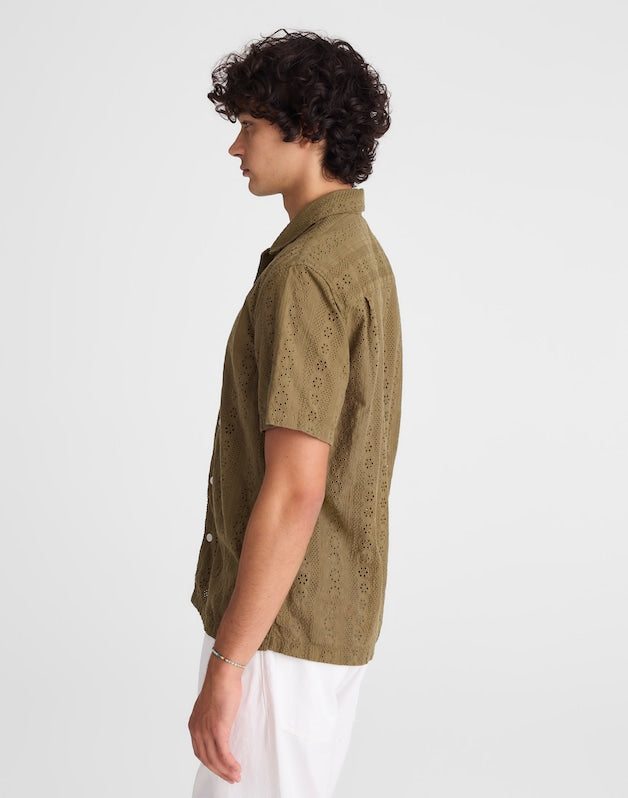 Camp-Collar Short-Sleeve Shirt in Embroidered Cotton CHATEAU OLIVE