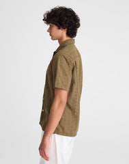 Camp-Collar Short-Sleeve Shirt in Embroidered Cotton CHATEAU OLIVE