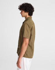 Camp-Collar Short-Sleeve Shirt in Embroidered Cotton CHATEAU OLIVE