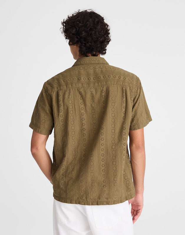 Camp-Collar Short-Sleeve Shirt in Embroidered Cotton CHATEAU OLIVE