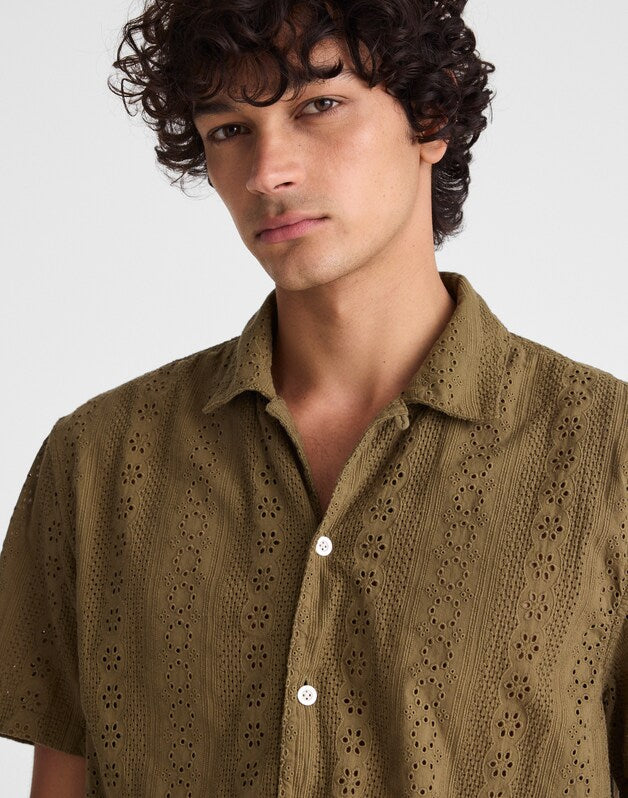 Camp-Collar Short-Sleeve Shirt in Embroidered Cotton CHATEAU OLIVE