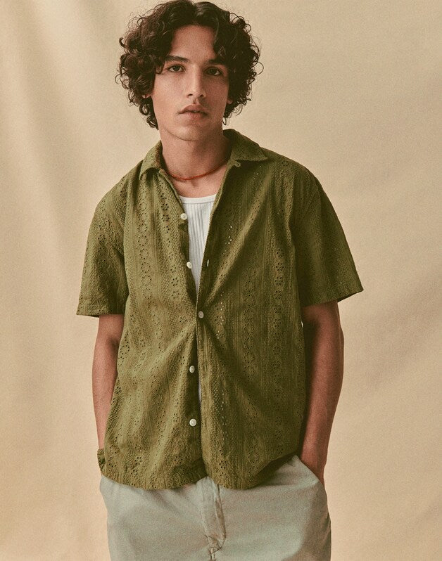 Camp-Collar Short-Sleeve Shirt in Embroidered Cotton CHATEAU OLIVE