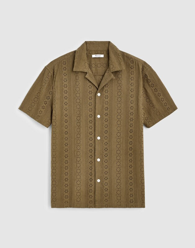 Camp-Collar Short-Sleeve Shirt in Embroidered Cotton CHATEAU OLIVE