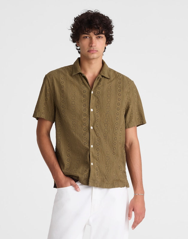 Camp-Collar Short-Sleeve Shirt in Embroidered Cotton CHATEAU OLIVE