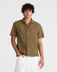 Camp-Collar Short-Sleeve Shirt in Embroidered Cotton CHATEAU OLIVE
