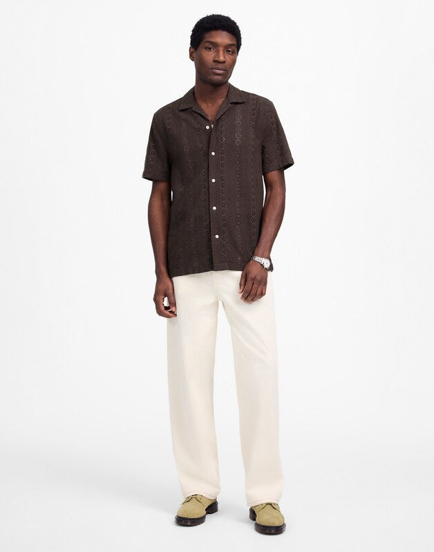 Camp-Collar Short-Sleeve Shirt in Embroidered Cotton SOFT CHARCOAL