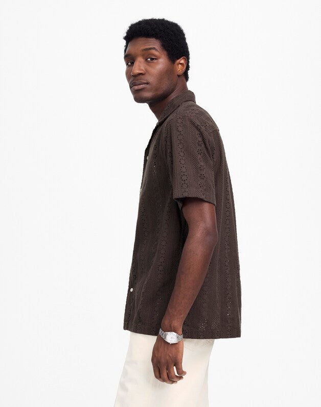 Camp-Collar Short-Sleeve Shirt in Embroidered Cotton SOFT CHARCOAL