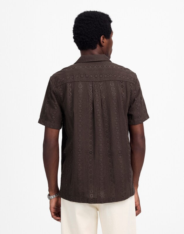 Camp-Collar Short-Sleeve Shirt in Embroidered Cotton SOFT CHARCOAL