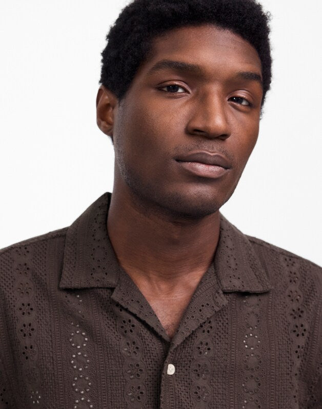 Camp-Collar Short-Sleeve Shirt in Embroidered Cotton SOFT CHARCOAL