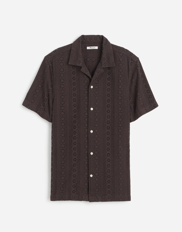 Camp-Collar Short-Sleeve Shirt in Embroidered Cotton SOFT CHARCOAL