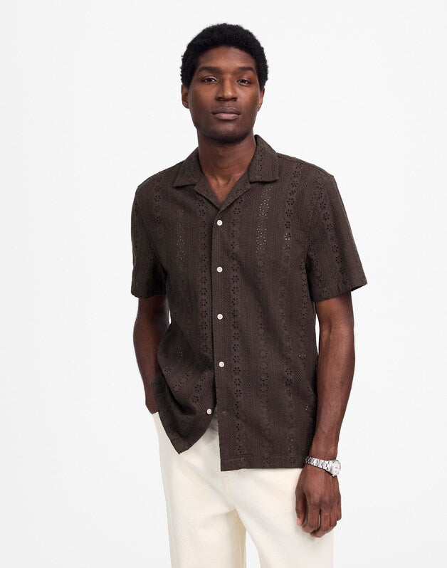Camp-Collar Short-Sleeve Shirt in Embroidered Cotton SOFT CHARCOAL