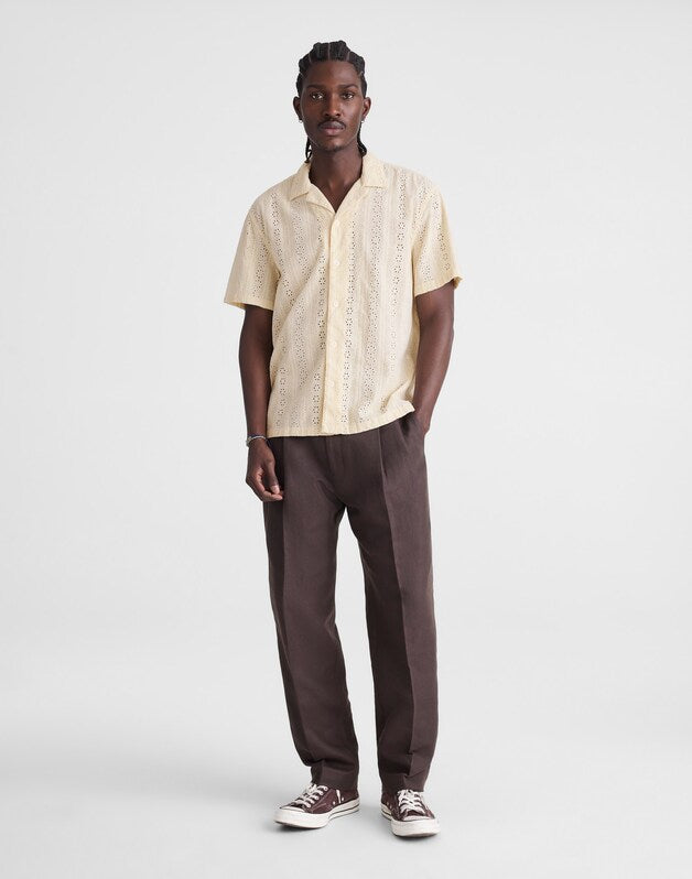 Camp-Collar Short-Sleeve Shirt in Embroidered Cotton DUSTY PEARL
