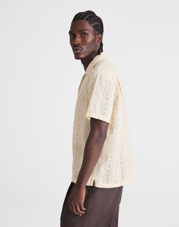Camp-Collar Short-Sleeve Shirt in Embroidered Cotton DUSTY PEARL