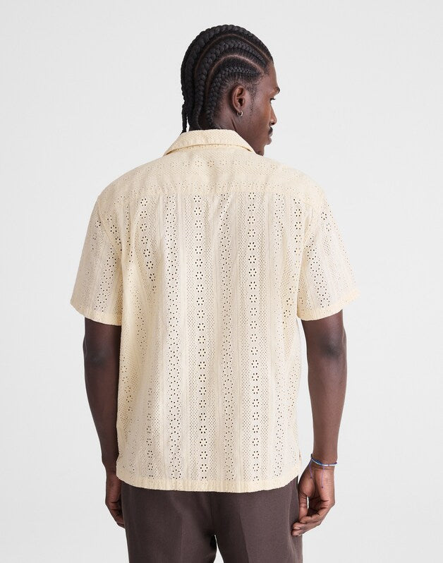 Camp-Collar Short-Sleeve Shirt in Embroidered Cotton DUSTY PEARL