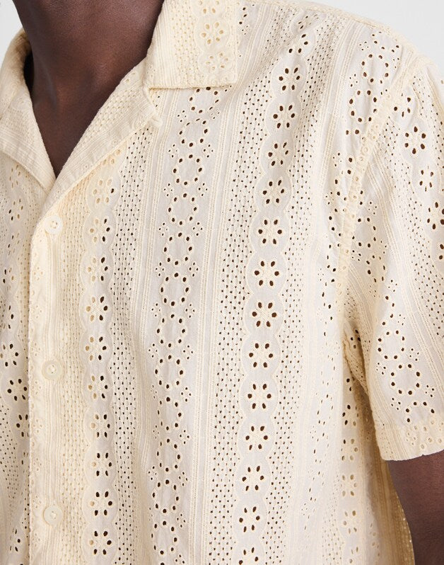 Camp-Collar Short-Sleeve Shirt in Embroidered Cotton DUSTY PEARL