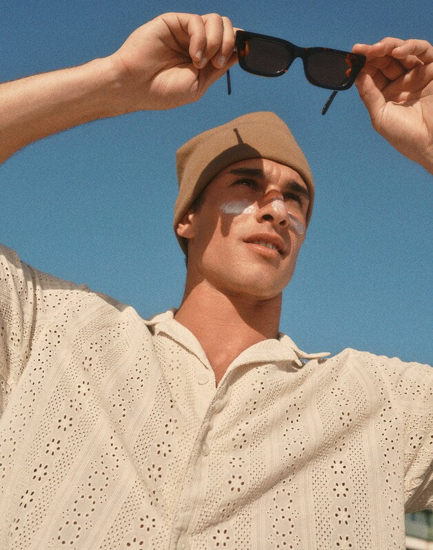 Camp-Collar Short-Sleeve Shirt in Embroidered Cotton DUSTY PEARL