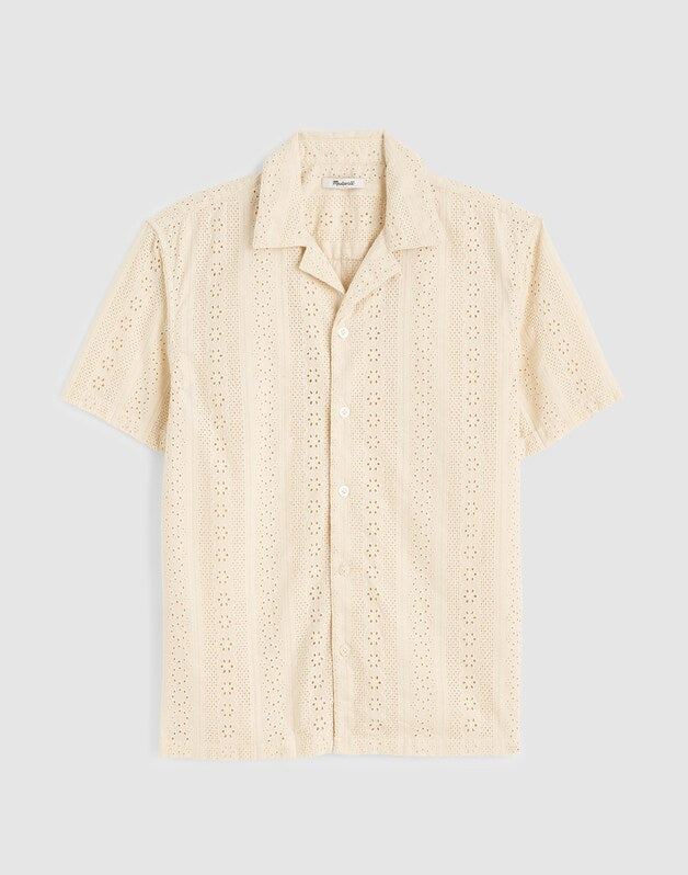 Camp-Collar Short-Sleeve Shirt in Embroidered Cotton DUSTY PEARL