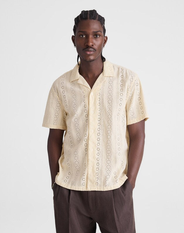 Camp-Collar Short-Sleeve Shirt in Embroidered Cotton DUSTY PEARL