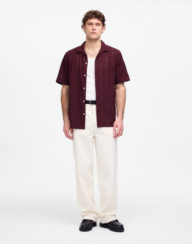 Camp-Collar Short-Sleeve Shirt in Embroidered Cotton DUSTY PLUM