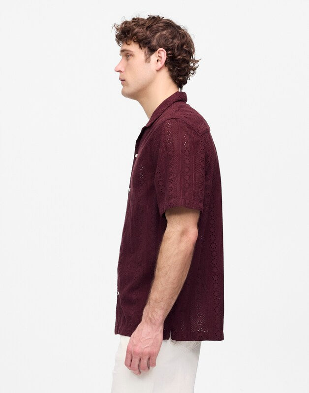 Camp-Collar Short-Sleeve Shirt in Embroidered Cotton DUSTY PLUM