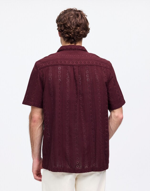 Camp-Collar Short-Sleeve Shirt in Embroidered Cotton DUSTY PLUM