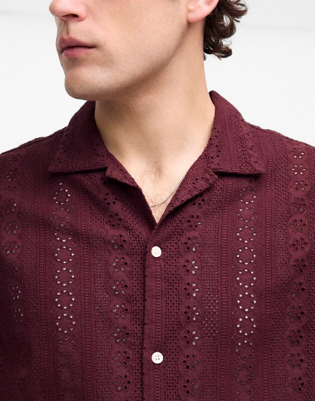 Camp-Collar Short-Sleeve Shirt in Embroidered Cotton DUSTY PLUM