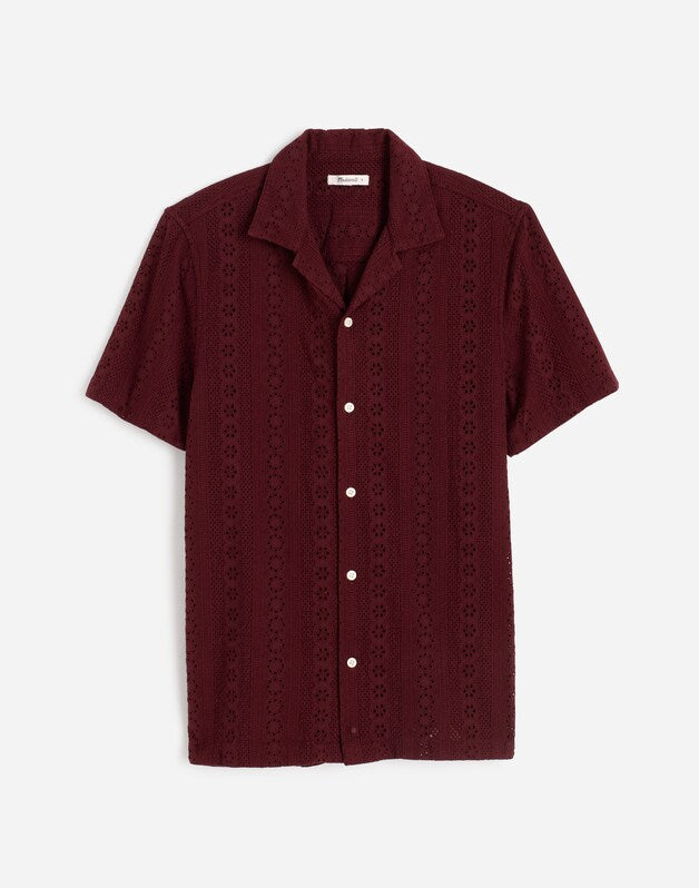 Camp-Collar Short-Sleeve Shirt in Embroidered Cotton DUSTY PLUM