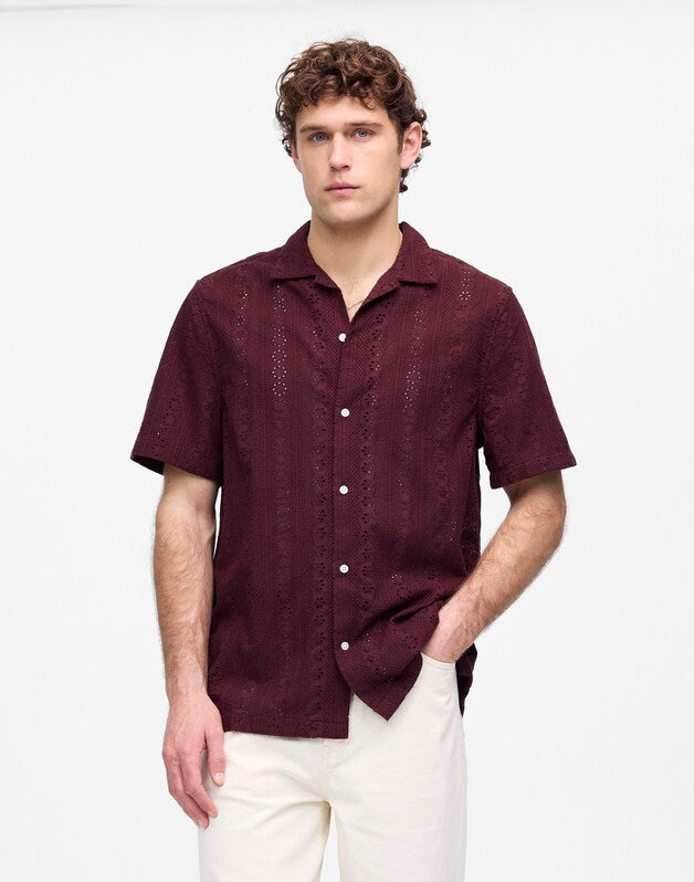 Camp-Collar Short-Sleeve Shirt in Embroidered Cotton DUSTY PLUM