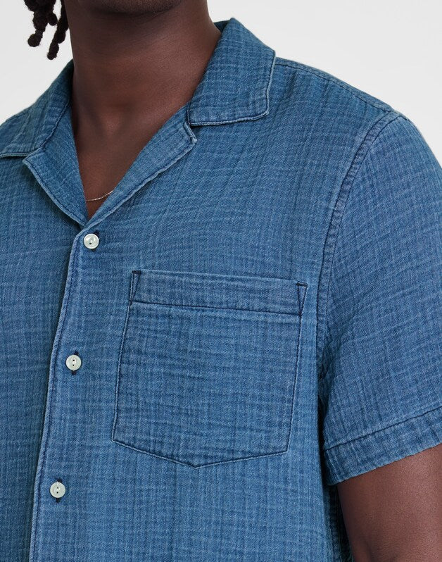 Indigo-Dyed Short-Sleeve Button-Up Shirt LIGHT INDIGO GAUZE
