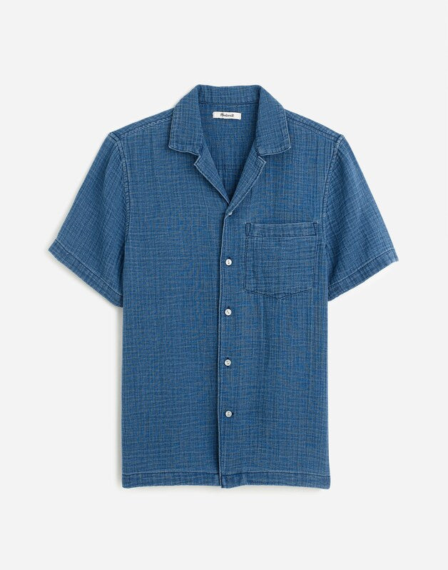 Indigo-Dyed Short-Sleeve Button-Up Shirt LIGHT INDIGO GAUZE