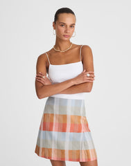 Single-Pleat Mini Skirt in 100% Linen BLUE ORANGE PLAID